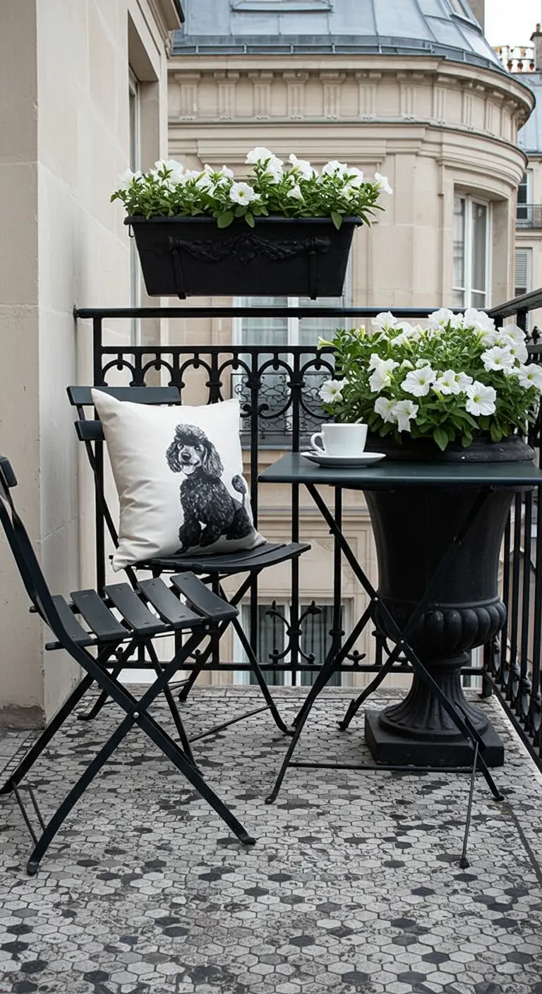 Parisian balcony with a black bistro set and a poodle pillow.