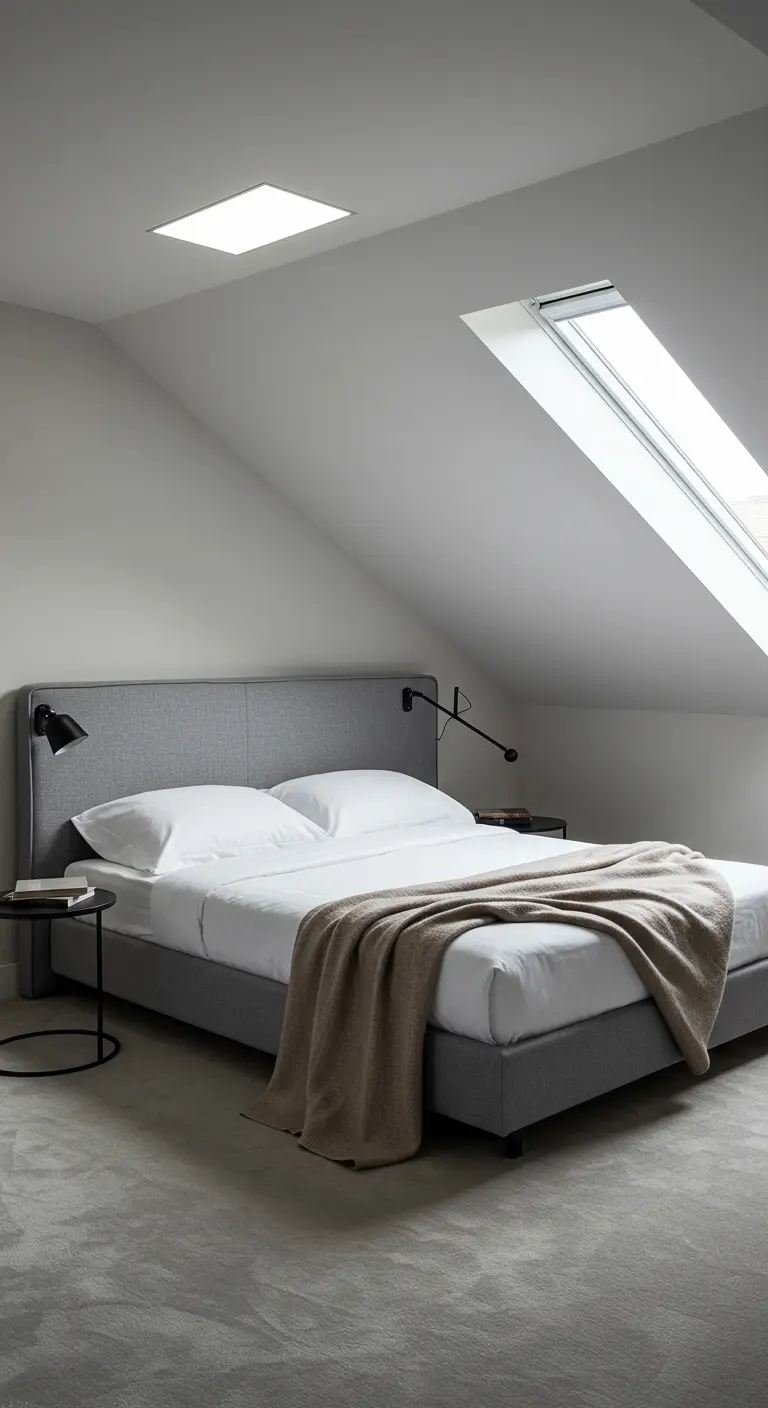 Minimalist loft bedroom with a gray upholstered bed and black wall sconces.