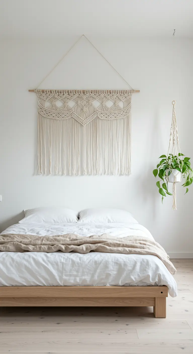 A minimalist white bedroom with a large macramé hanging above a simple wooden bed.