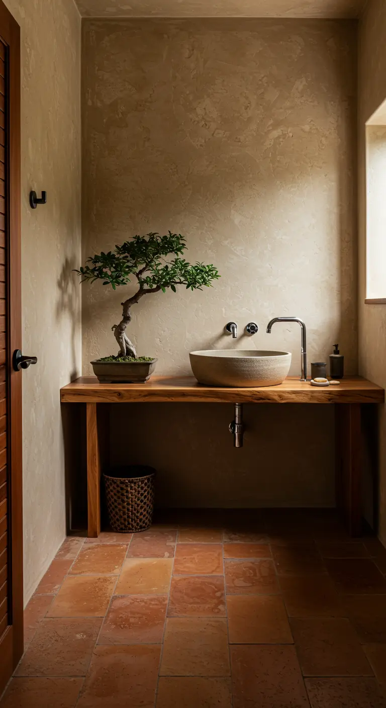 Minimalist powder room with a simple wood vanity, bonsai tree, and stone sink.