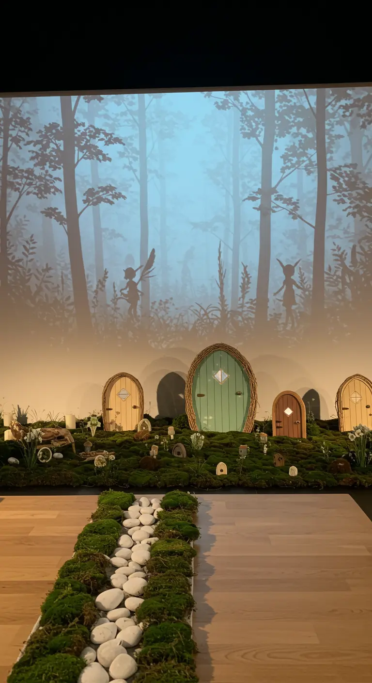A projected forest silhouette backdrop behind a mossy hill with woven fairy doors.