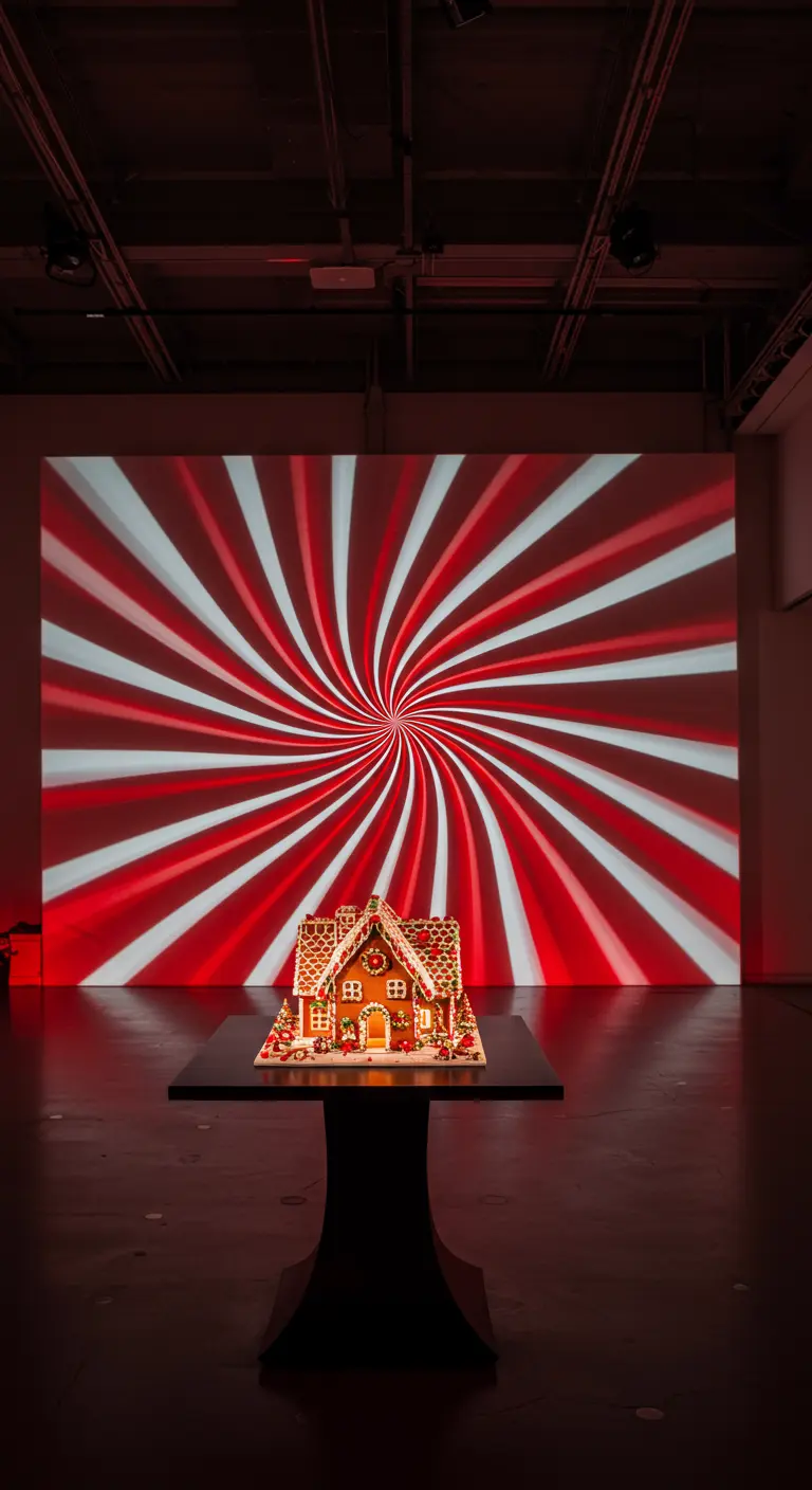 Gingerbread house on a pedestal in front of a projected red-and-white swirl pattern.