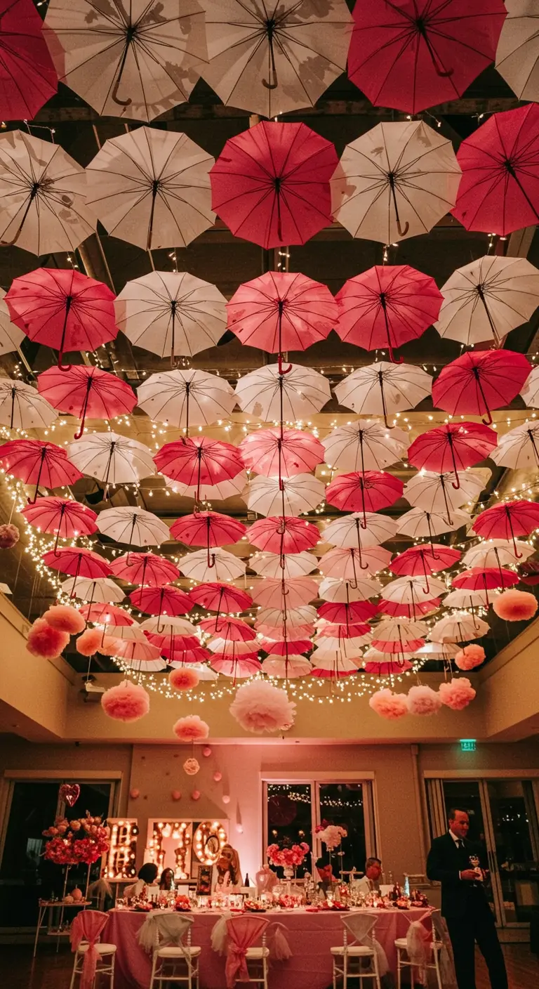 A party hall ceiling decorated with dozens of open pink and white umbrellas and fairy lights.