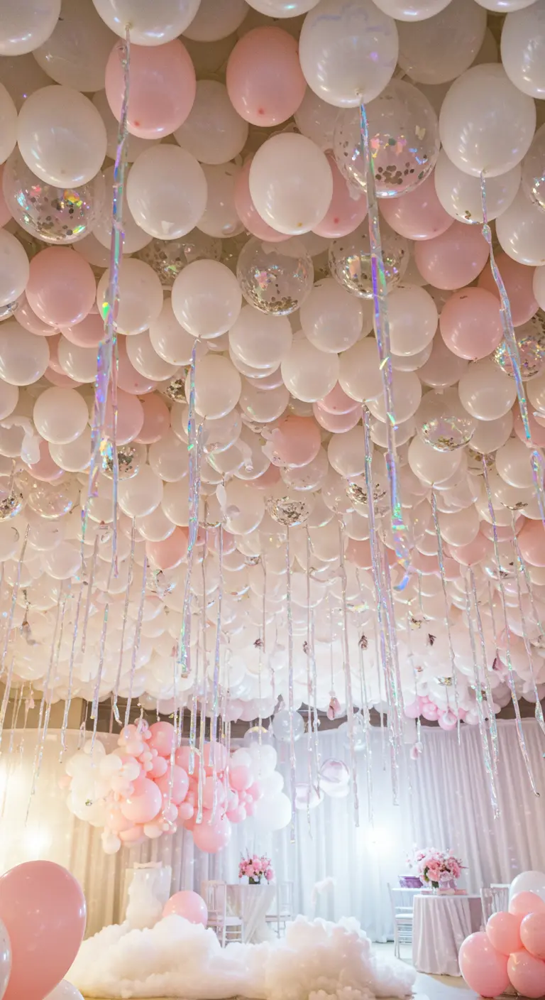 Ceiling covered in pink, white, and confetti balloons with long ribbons.