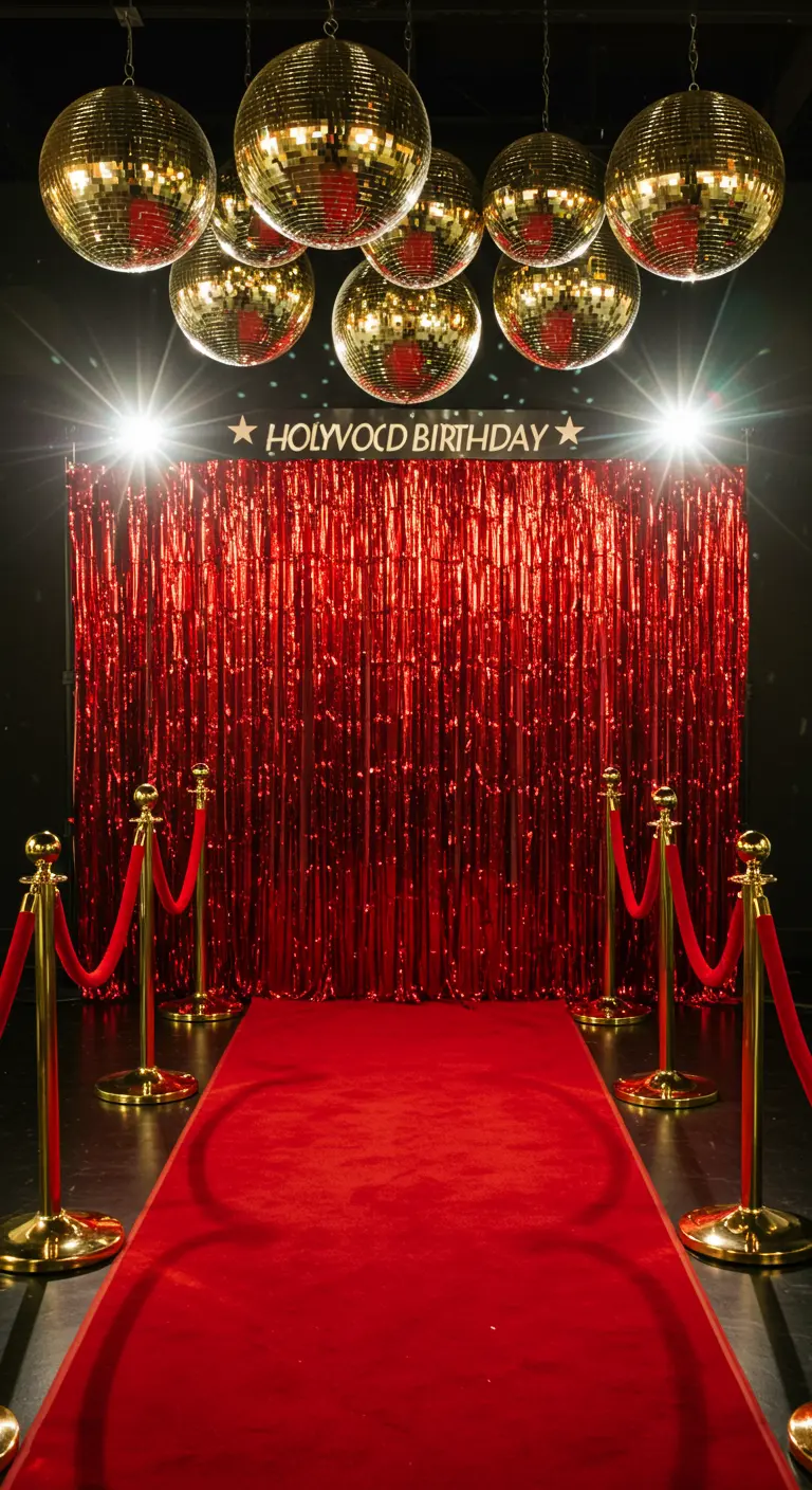 A Hollywood premiere theme with a red fringe backdrop, a red carpet, and gold disco balls.