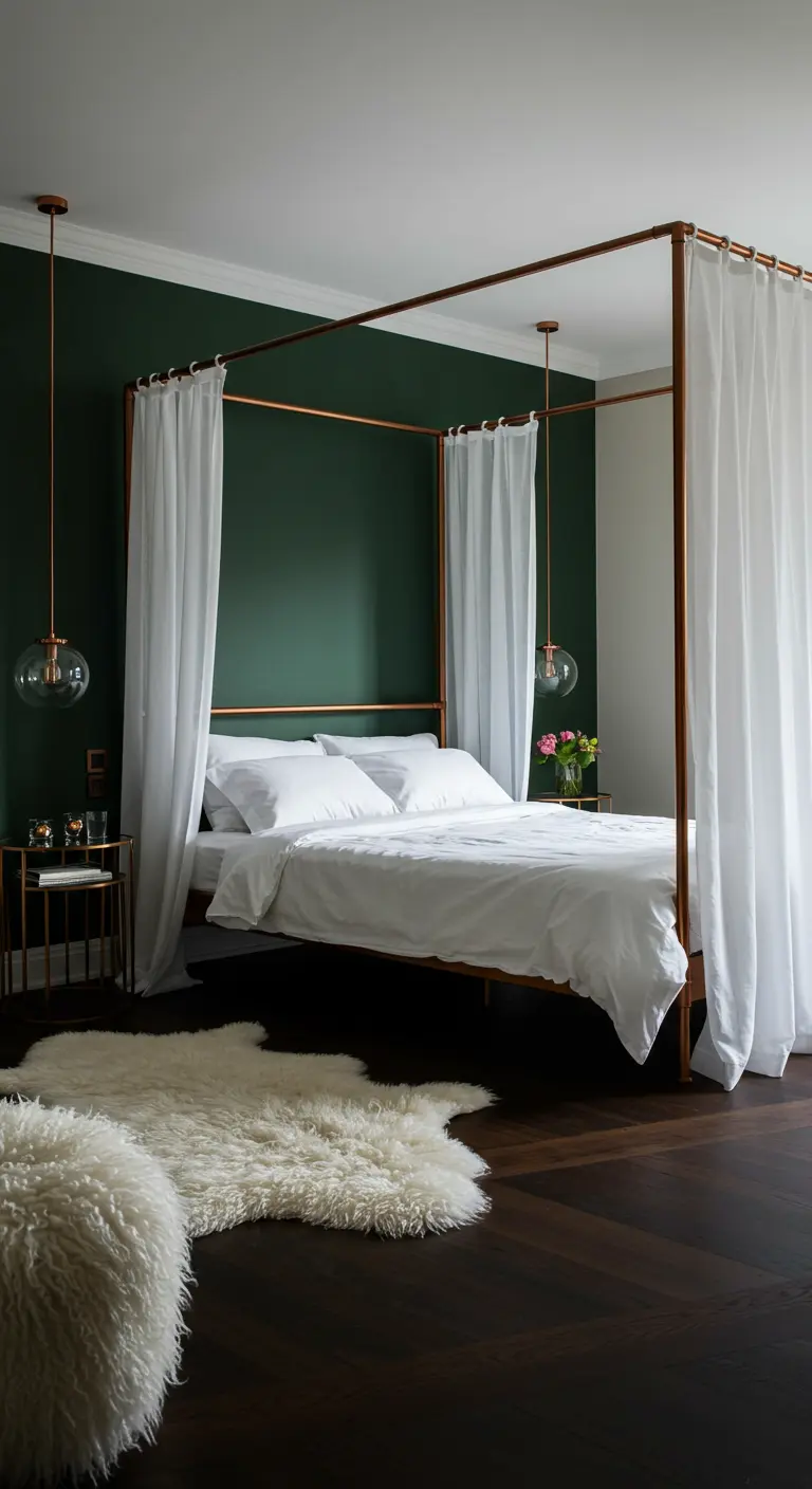 A modern four-poster bed made of copper pipes with white curtains, against a dark green wall.