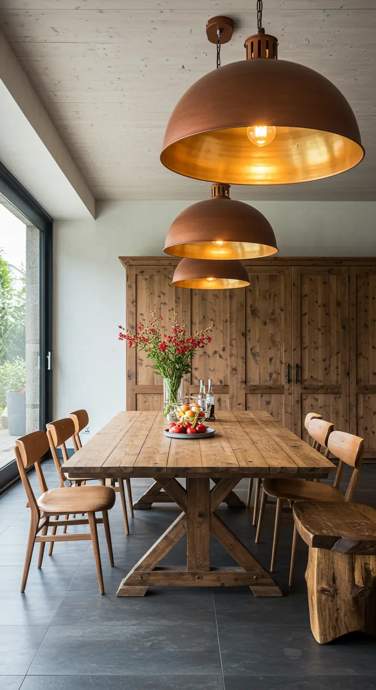 Rustic dining room with three large copper pendant lights.