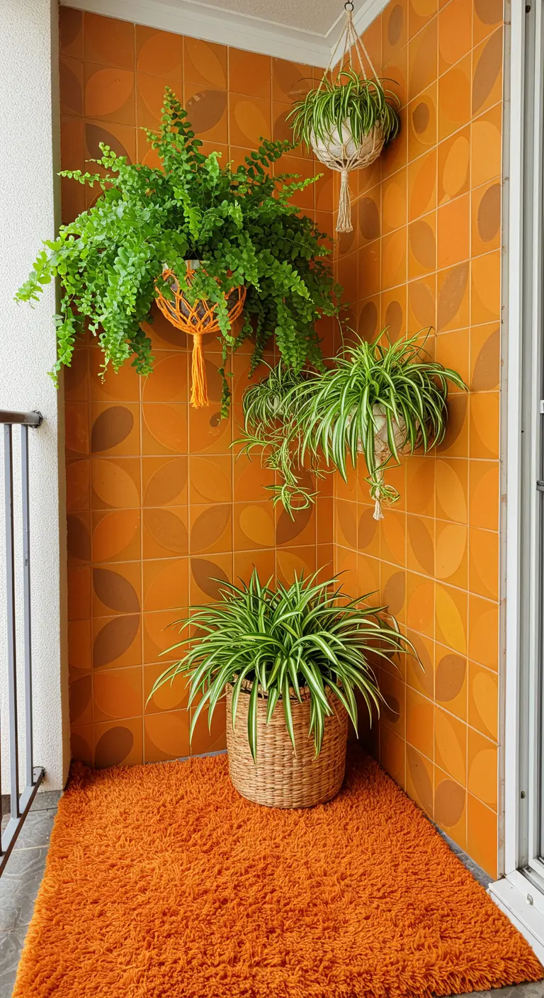 A 70s-themed balcony with orange tiles, a shag rug, and ferns in macrame hangers.