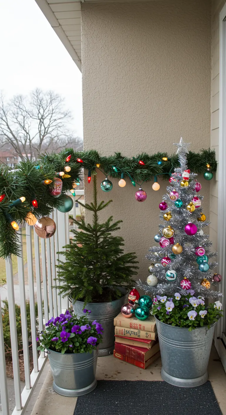 A festive balcony corner with a silver tinsel tree, colorful ornaments, and potted plants.