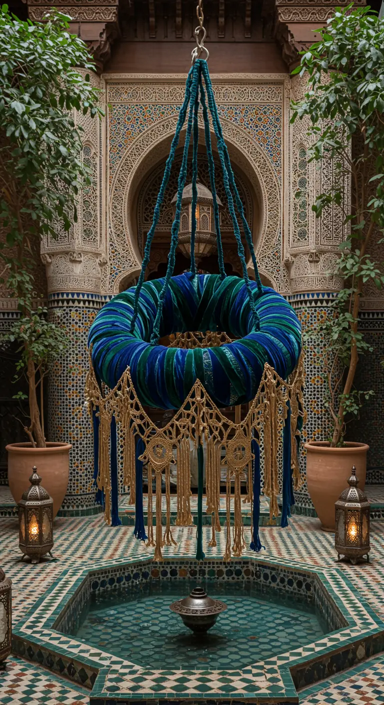 Green and blue velvet-wrapped tire swing in a Moroccan riad courtyard.