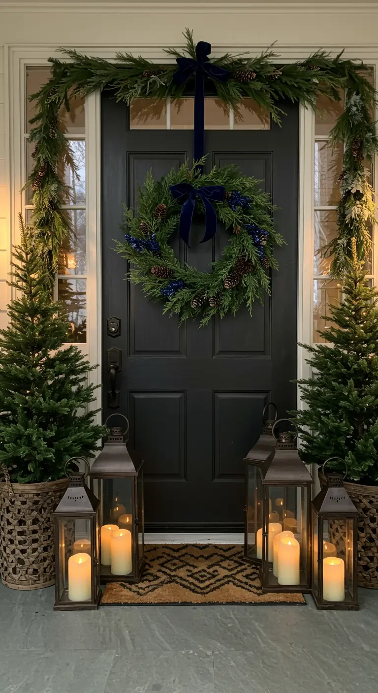 A symmetrical entryway with a black door, a wreath with a navy bow, and potted trees in woven baskets.