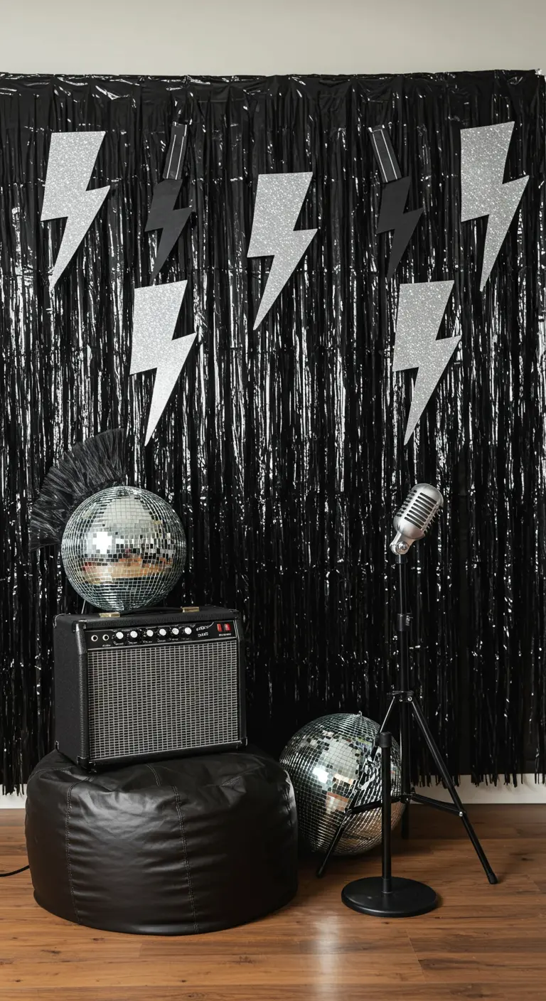 A rock-and-roll themed backdrop with black fringe, lightning bolts, and a mohawked disco ball.