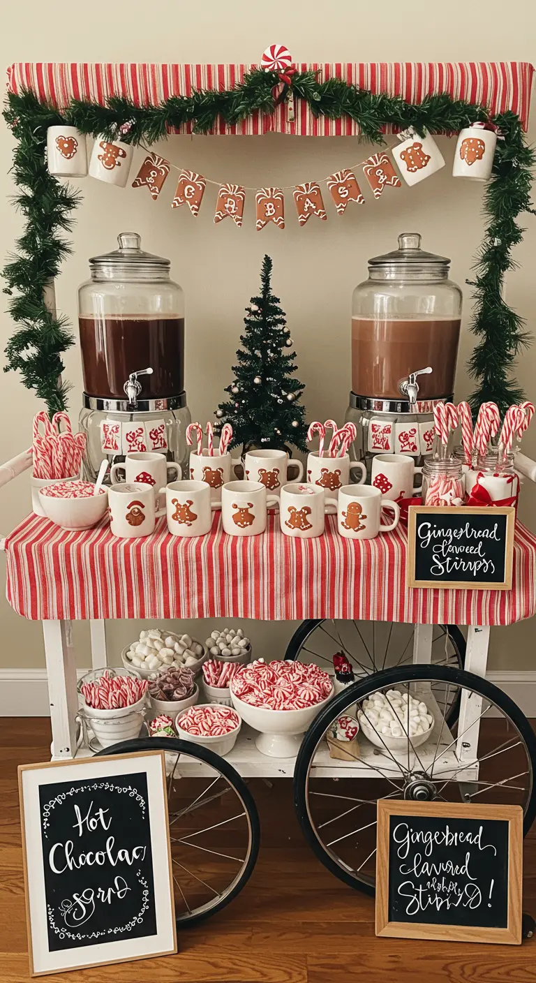 Hot chocolate cart with beverage dispensers, gingerbread mugs, and candy cane stirrers.