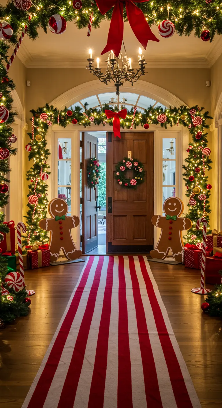 Grand entryway with a red-and-white striped runner and gingerbread men cutouts.