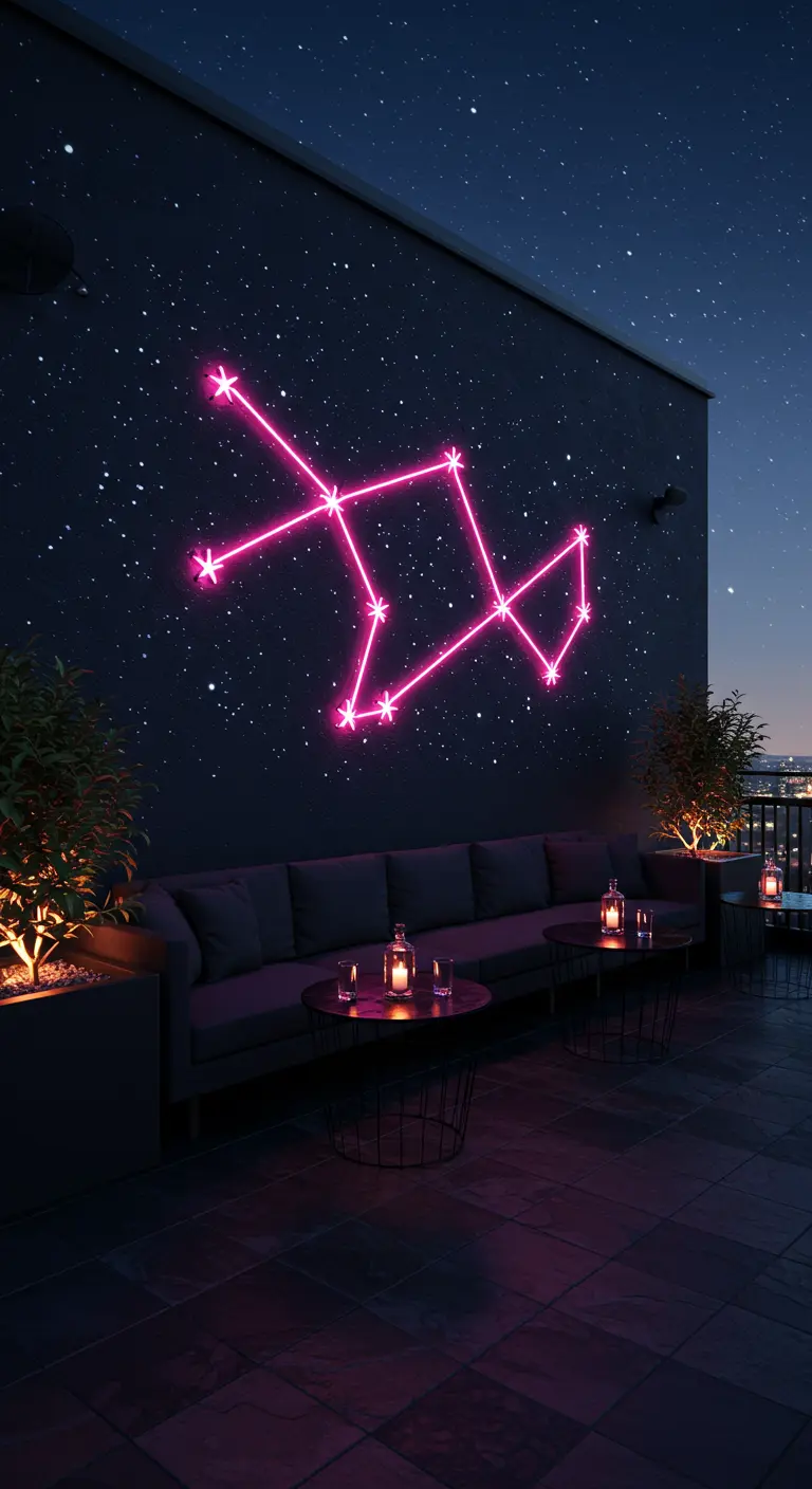 A rooftop patio at night with a large pink neon constellation on a dark wall.