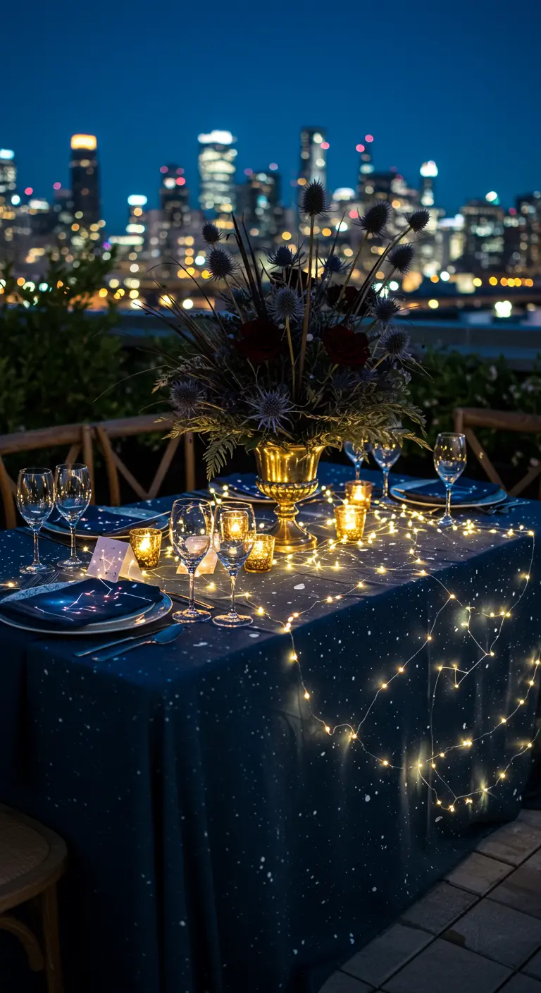 Rooftop table with a dark blue constellation tablecloth covered in fairy lights.