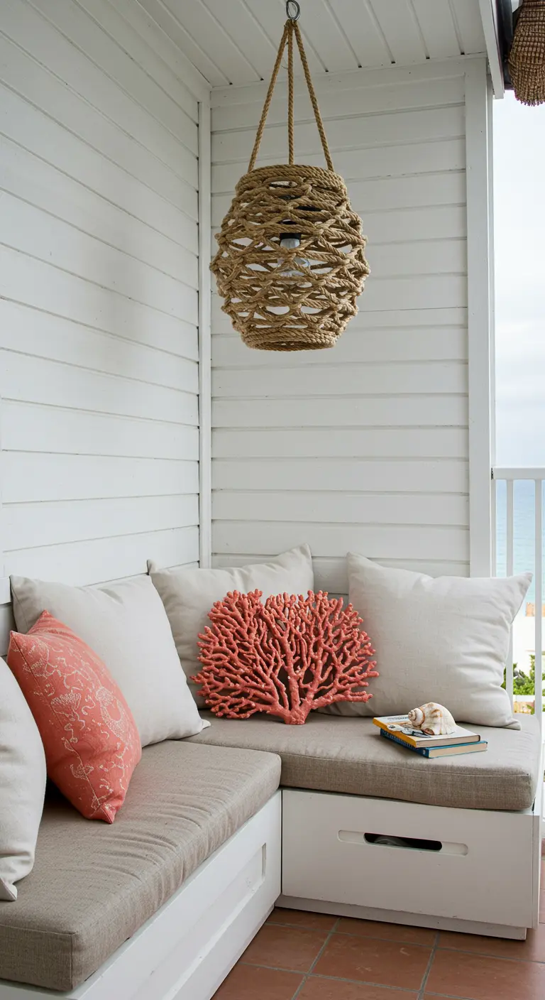 Corner bench with storage drawer, rope pendant light, and a large coral-shaped pillow.