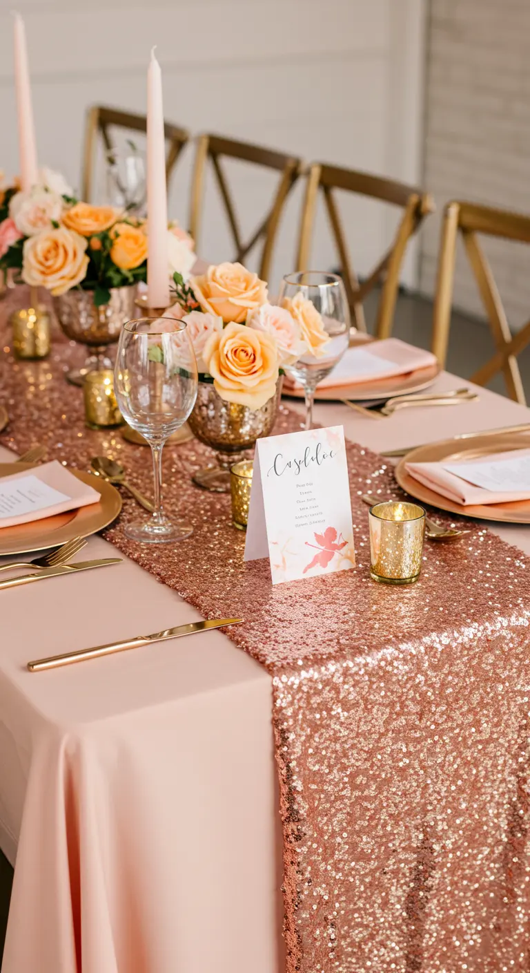 A close-up of a tablescape with a rose gold sequin runner, roses, and gold cutlery.