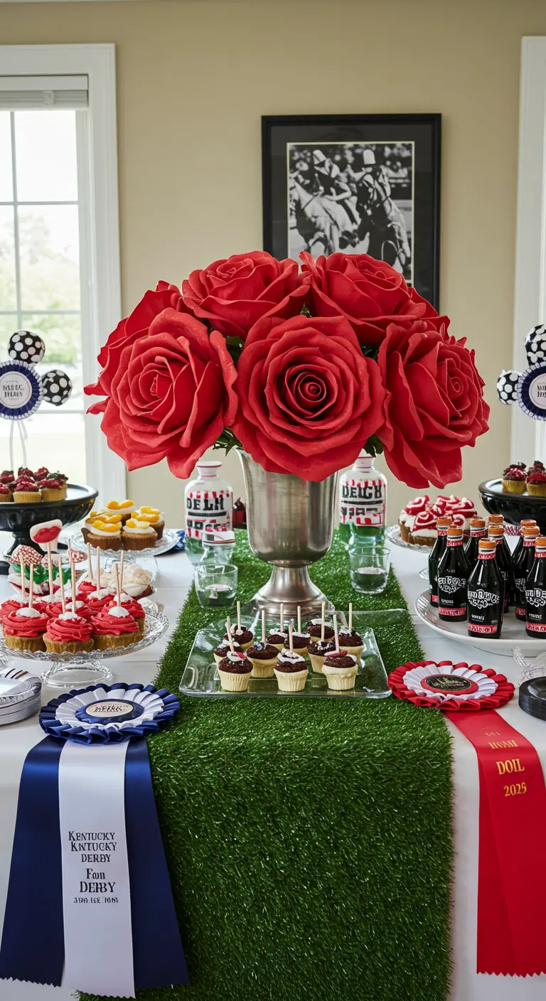 A Kentucky Derby party table with a centerpiece of large red paper roses in a silver urn.