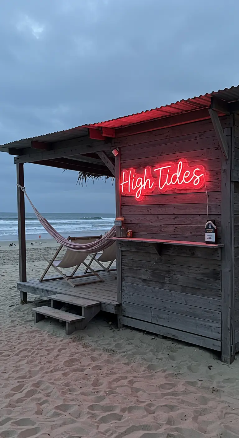 A rustic beach shack with a hammock and a red neon sign that says 'High Tides'.