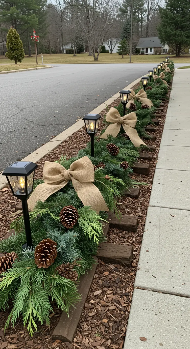A wood-edged garden border with evergreen swags, large burlap bows, pinecones, and solar lanterns.