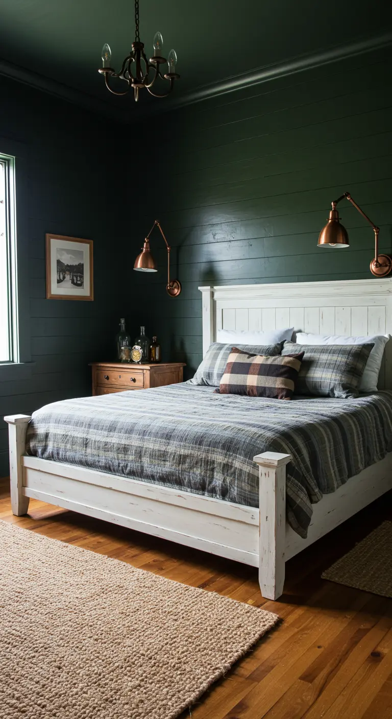 Farmhouse bedroom with green shiplap walls, a white bed, and copper wall sconces.