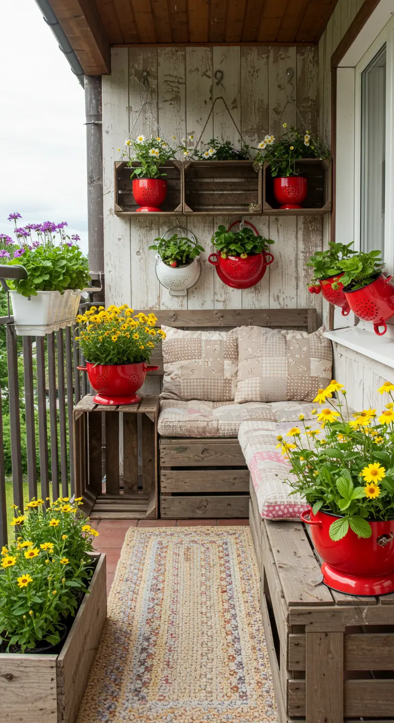 A rustic balcony decorated with wooden crates used as furniture and shelves, with red pots.