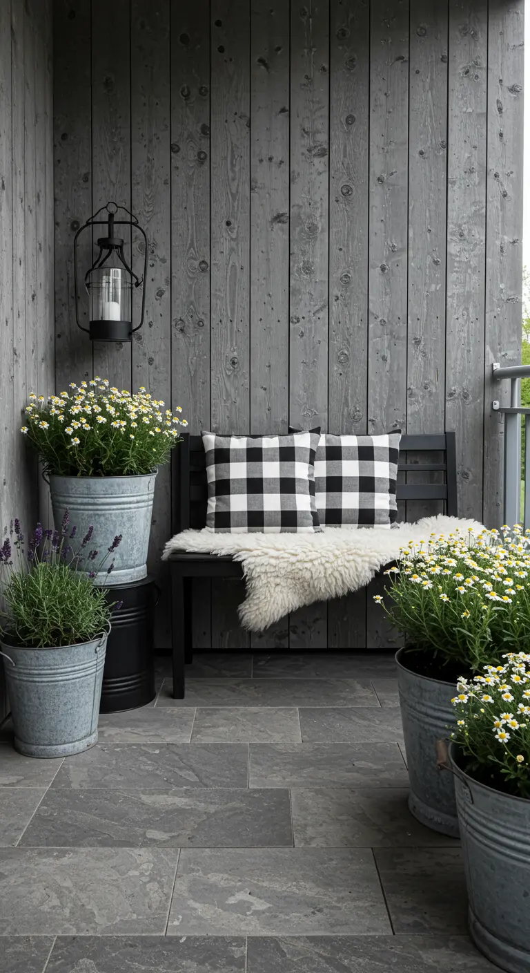 Rustic balcony with a black bench, gingham pillows, and daisies in buckets.