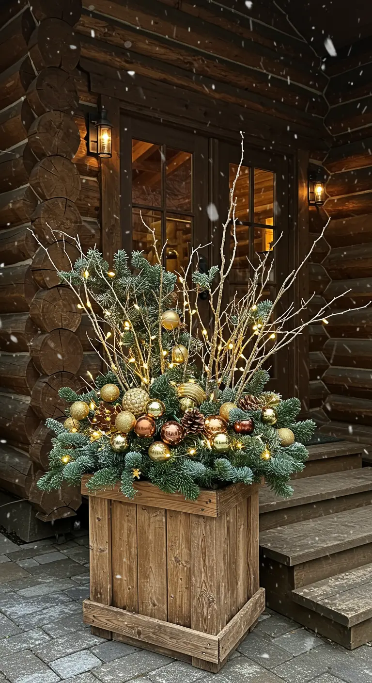 A large wooden planter with lit branches and gold ornaments in front of a log cabin.