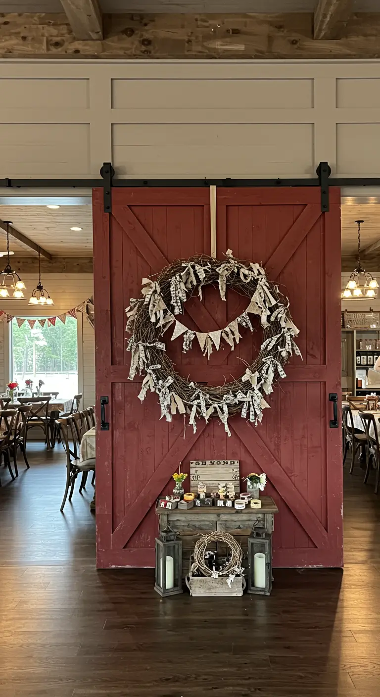 A large grapevine wreath decorated with strips of patriotic and neutral fabric on a red door.