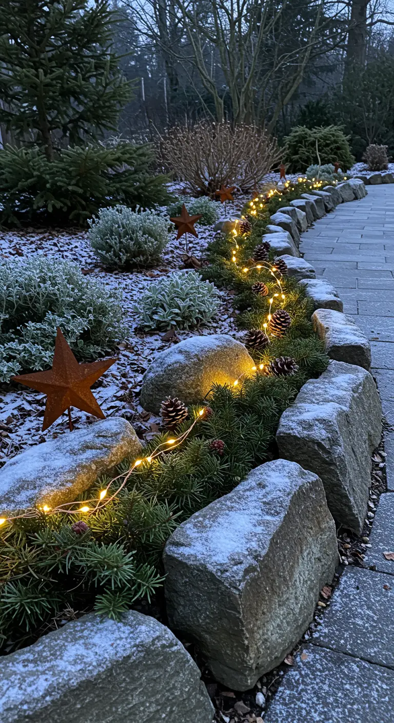 A stone garden bed edge lined with a cedar garland, pinecones, fairy lights, and rusty metal stars.