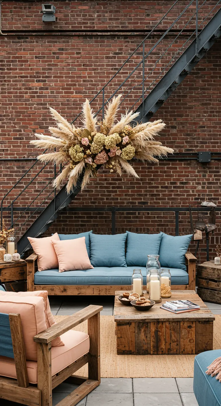 A patio with rustic wood furniture and a large, textural pampas grass arrangement on a brick wall.