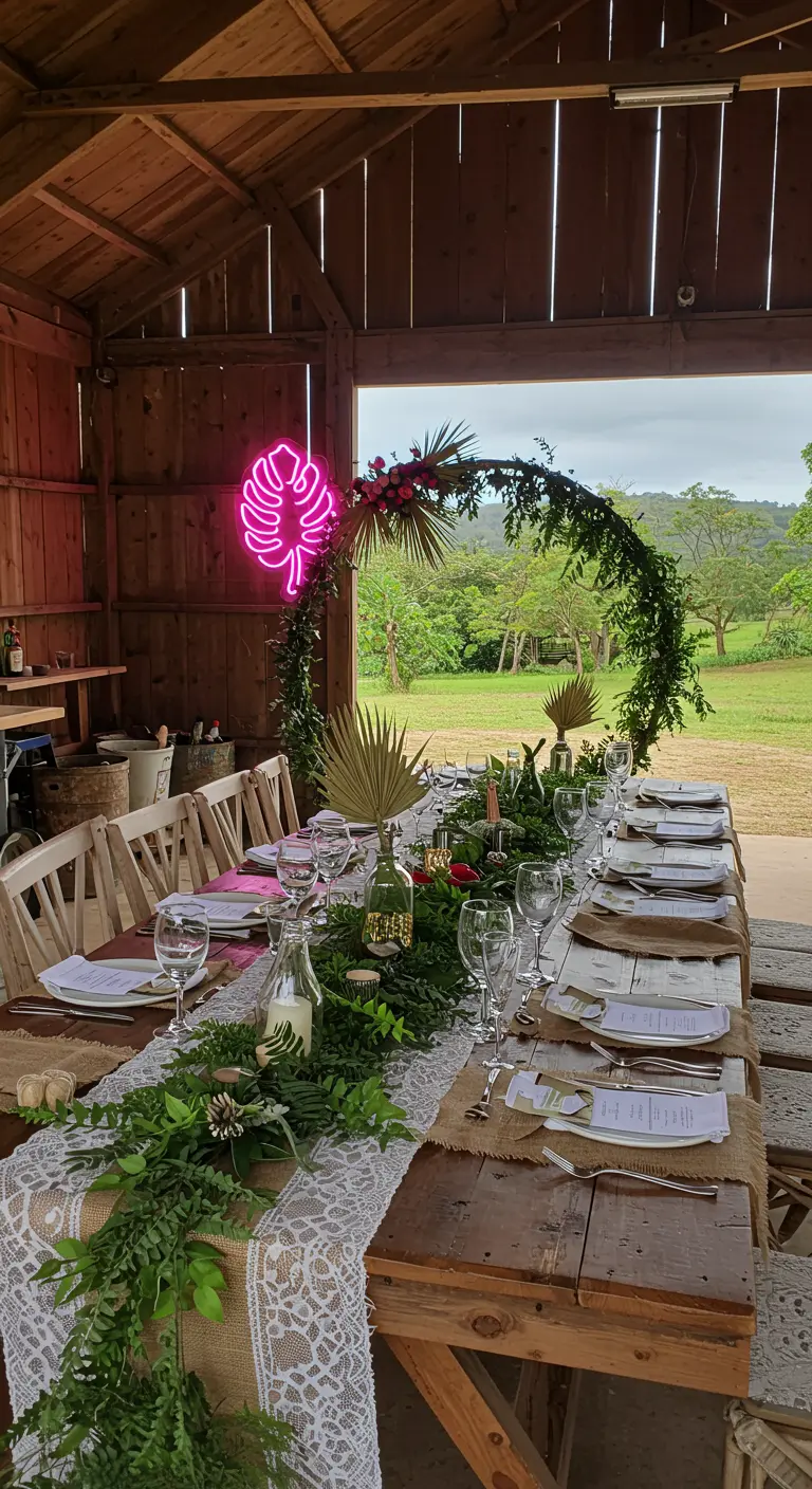 Rustic barn table decorated with a greenery garland and a neon monstera leaf arch.