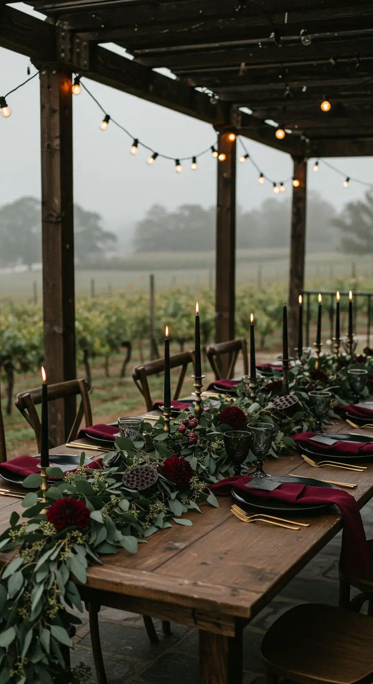 Rustic outdoor table with a greenery runner, black candles, and burgundy napkins at a vineyard.