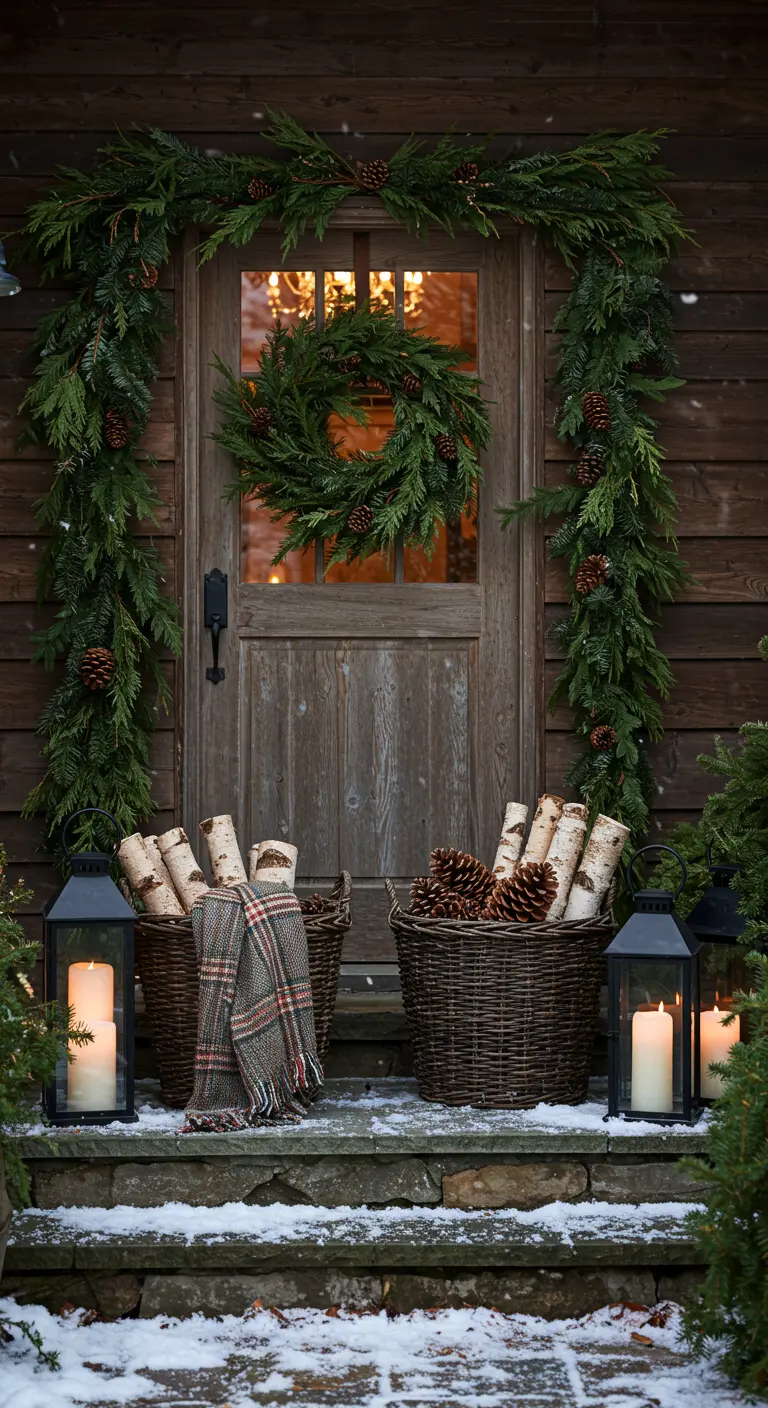 Rustic wooden door framed with a lush pine garland, with baskets of birch logs and lanterns on the steps.