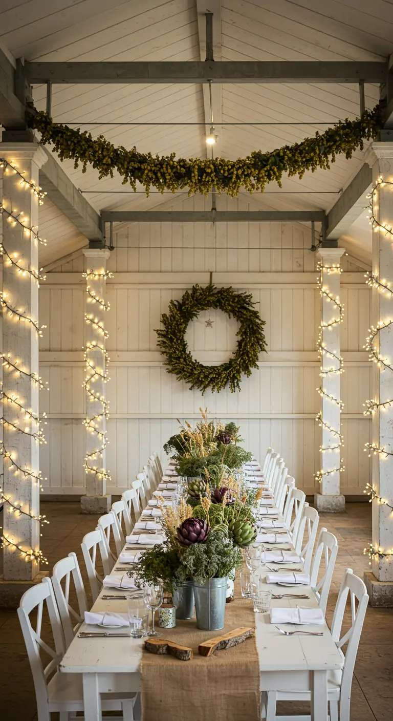Long white tables in a white barn with columns wrapped in fairy lights and green wreaths.