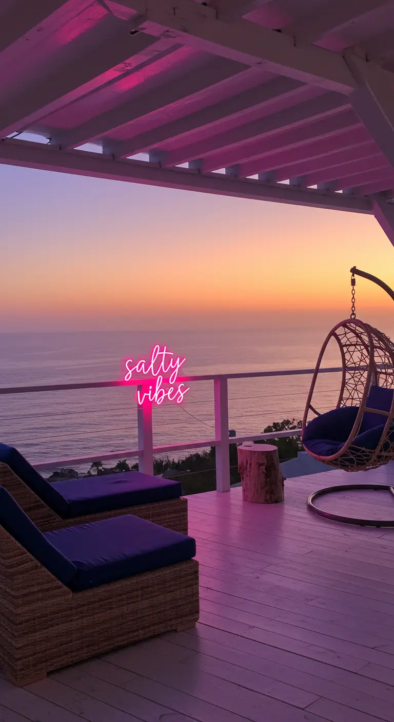 A beachside balcony at sunset with a neon sign on the railing that says 'salty vibes'.