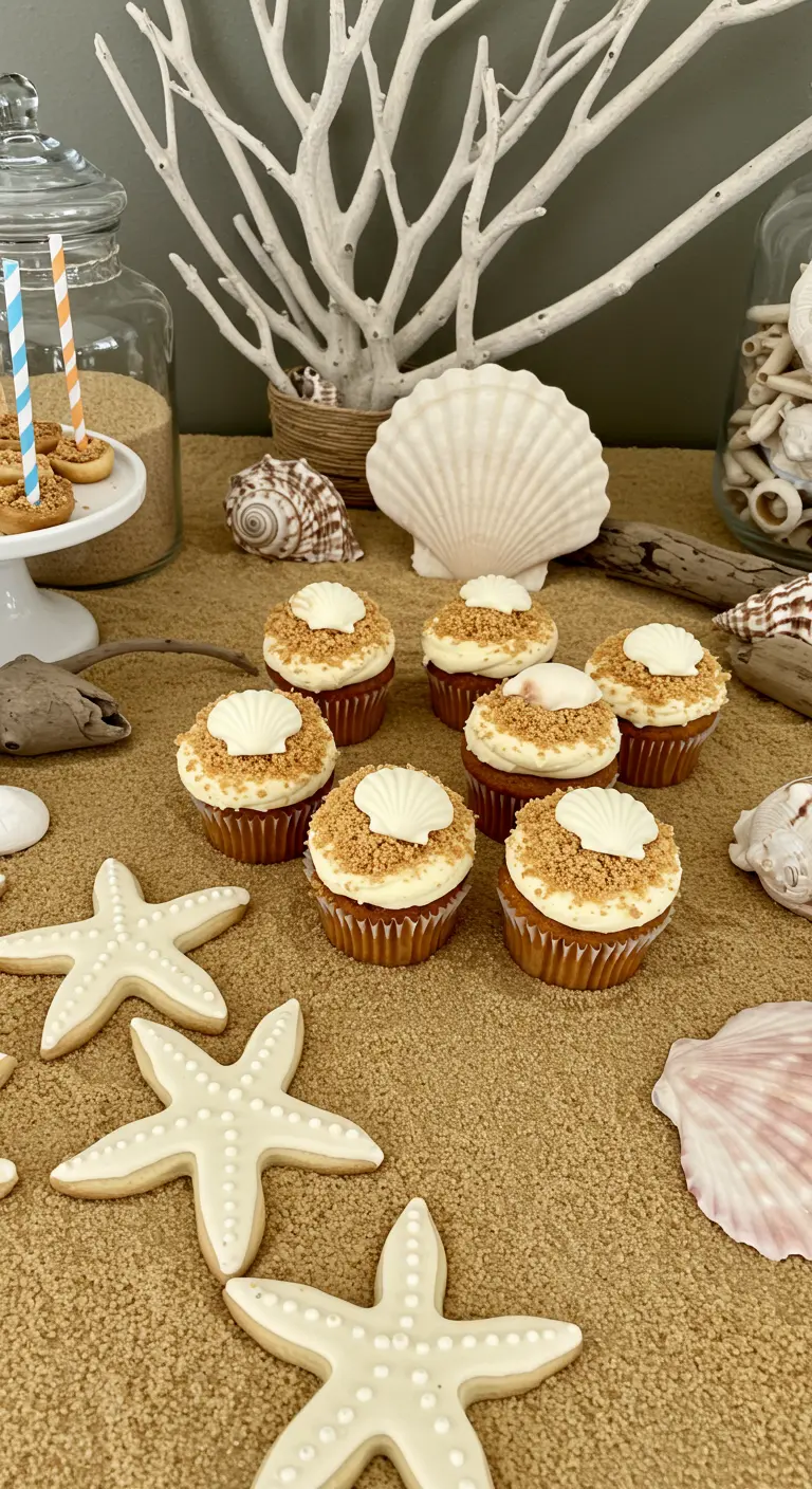 Dessert table with edible sand, starfish cookies, and shell-topped cupcakes.