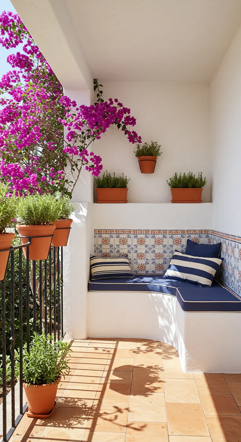 Mediterranean-style balcony with a white bench, blue cushions, and vibrant pink bougainvillea.