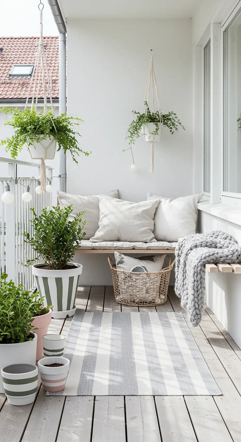 A bright, airy Scandinavian-style balcony with striped pots and a light wood bench.
