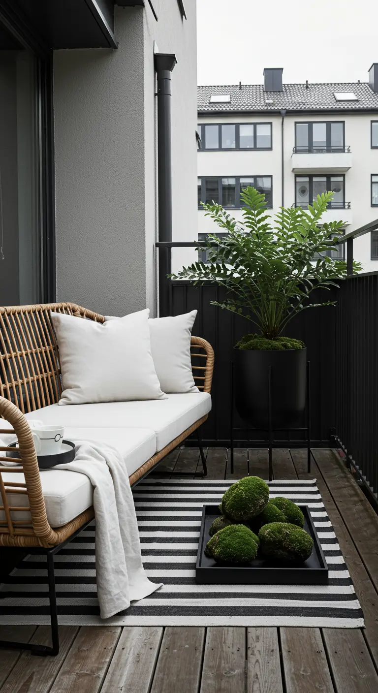 A minimalist balcony with a striped rug and a tray of moss balls as a centerpiece.