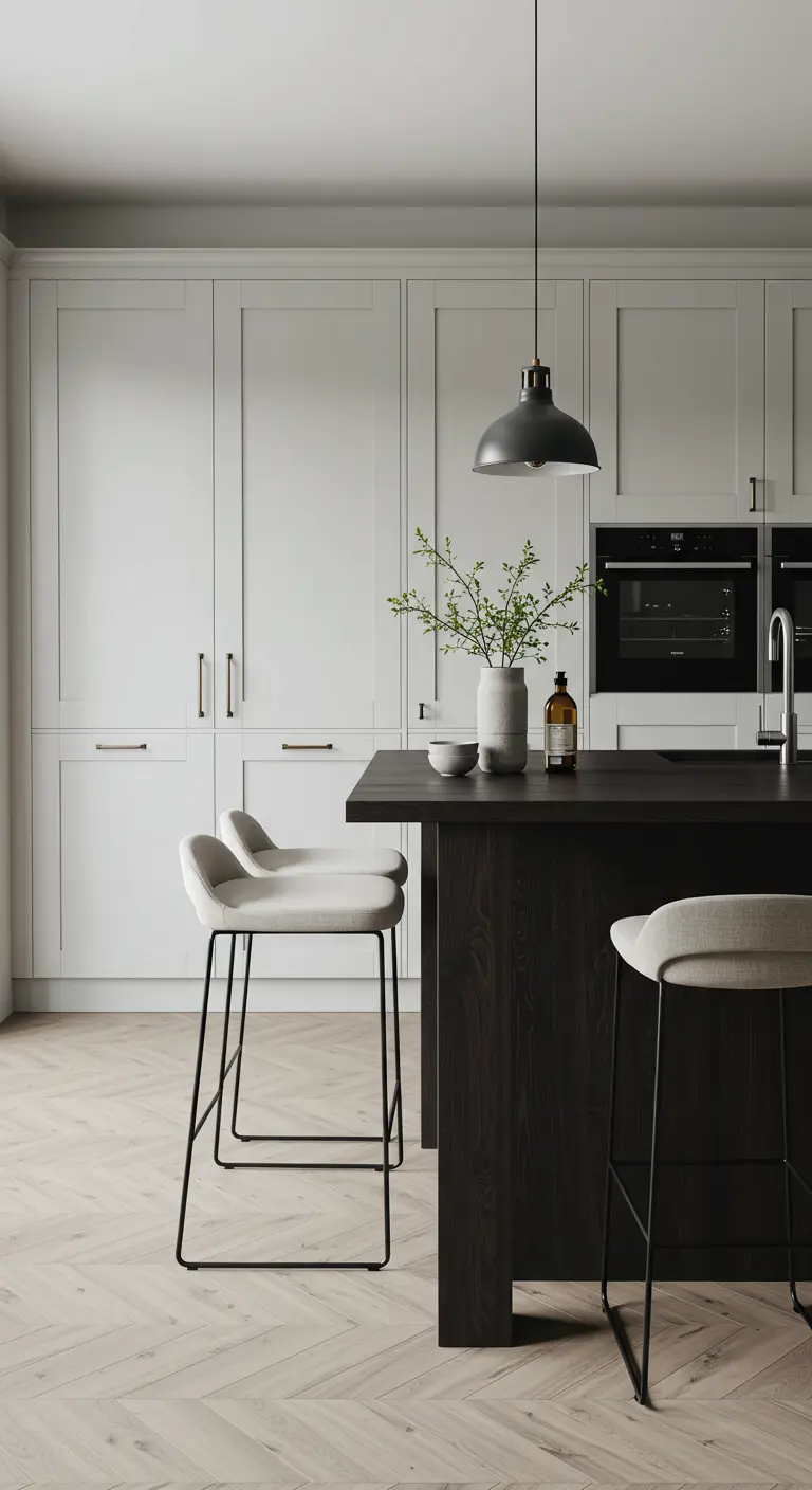 Minimalist white kitchen with a dark wood island and light wood herringbone floors.