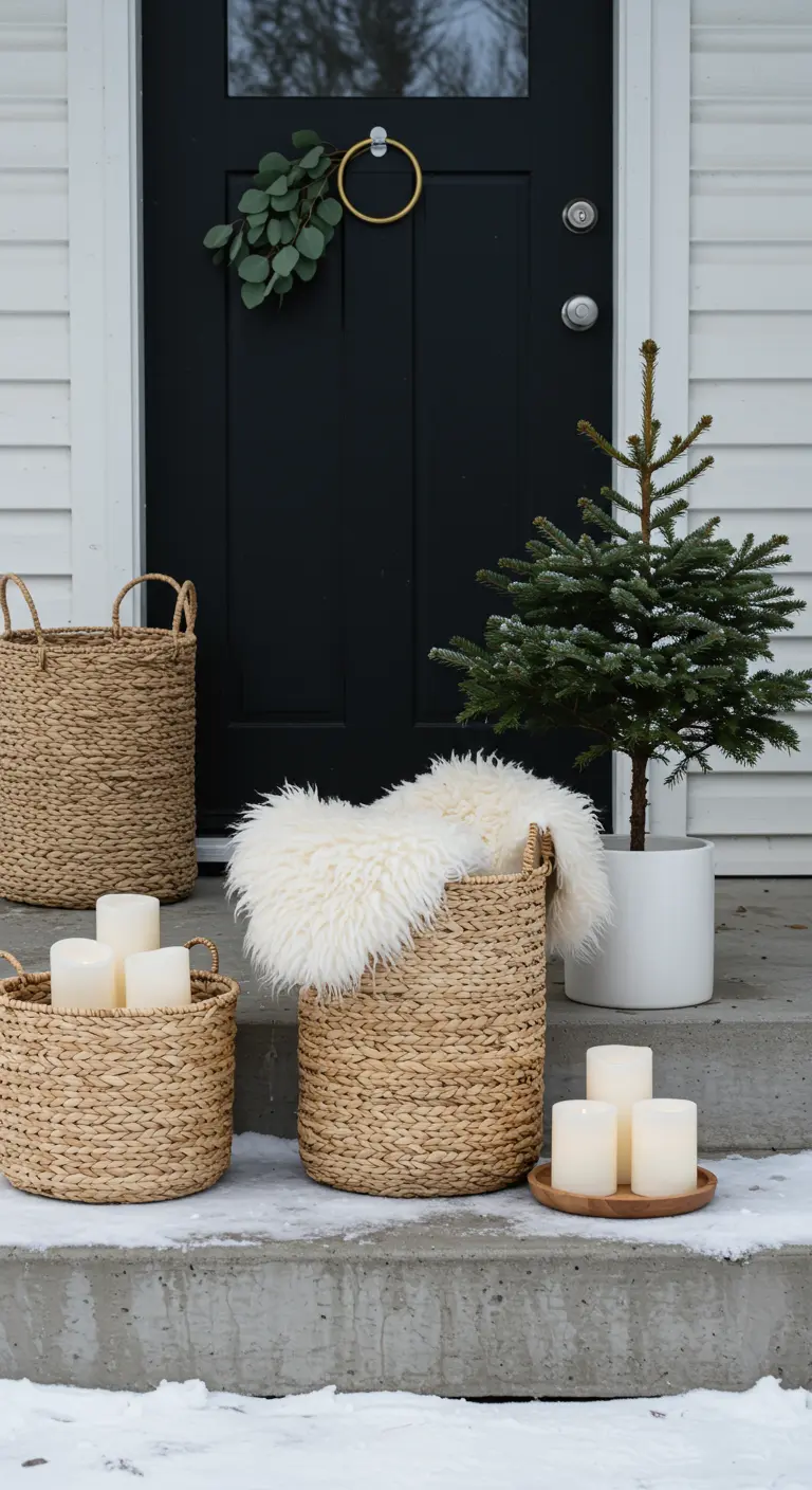 Modern black door with minimalist decor: woven baskets, a sheepskin throw, and a single potted fir tree.