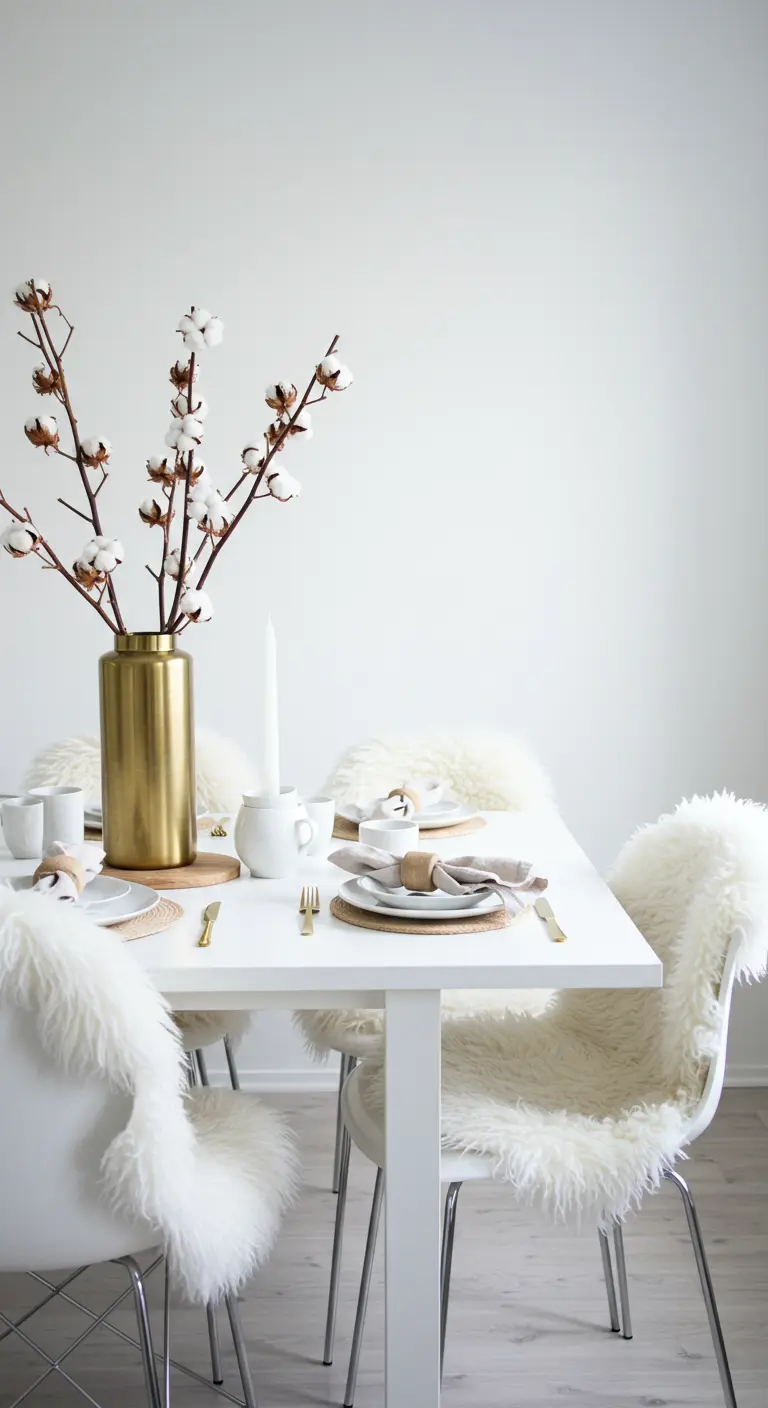 A white dining table with white chairs, featuring cotton stems in a gold vase.