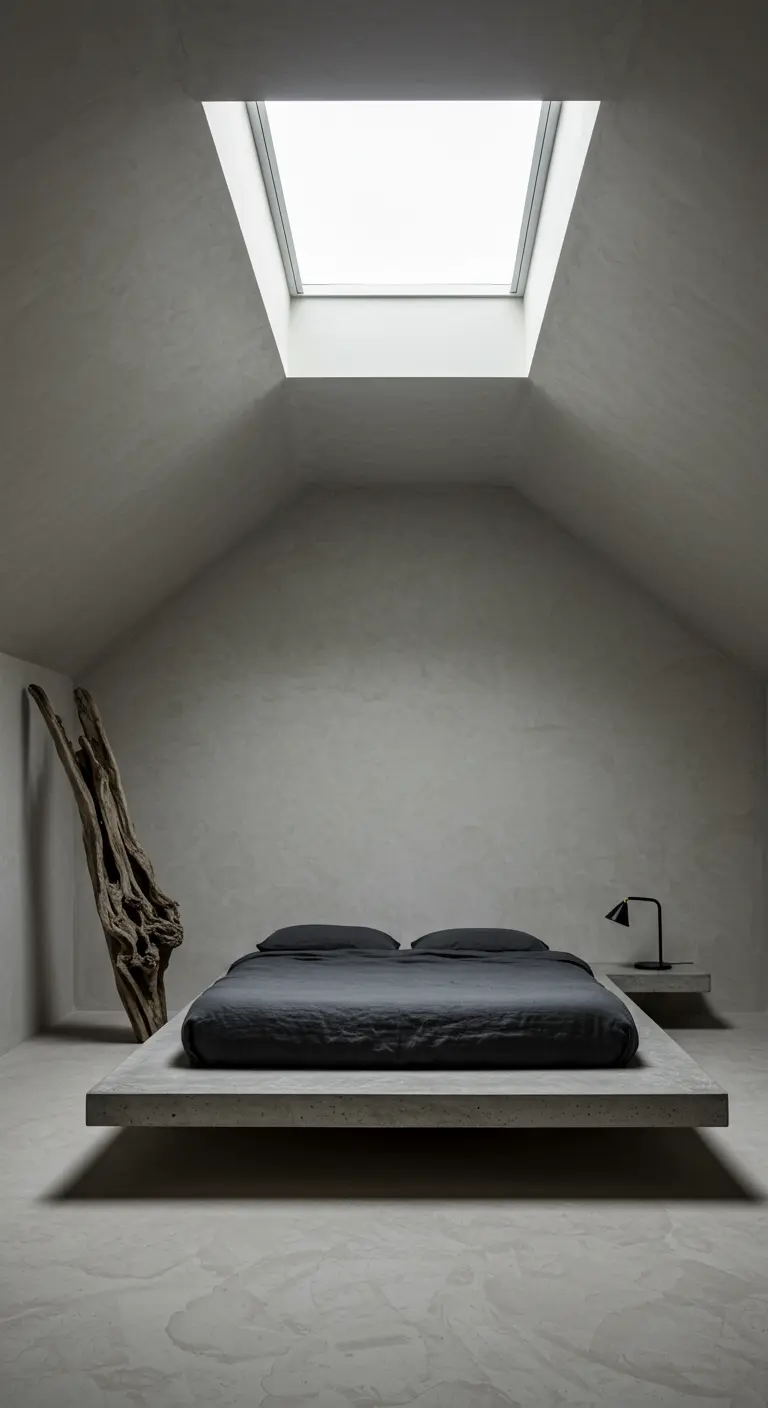 Minimalist loft with concrete walls, black bedding, and sculptural wood.