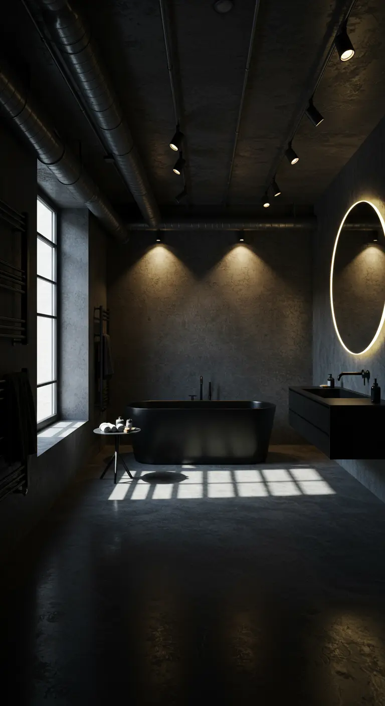 Dark loft bathroom with spotlighting on a black tub and concrete wall.