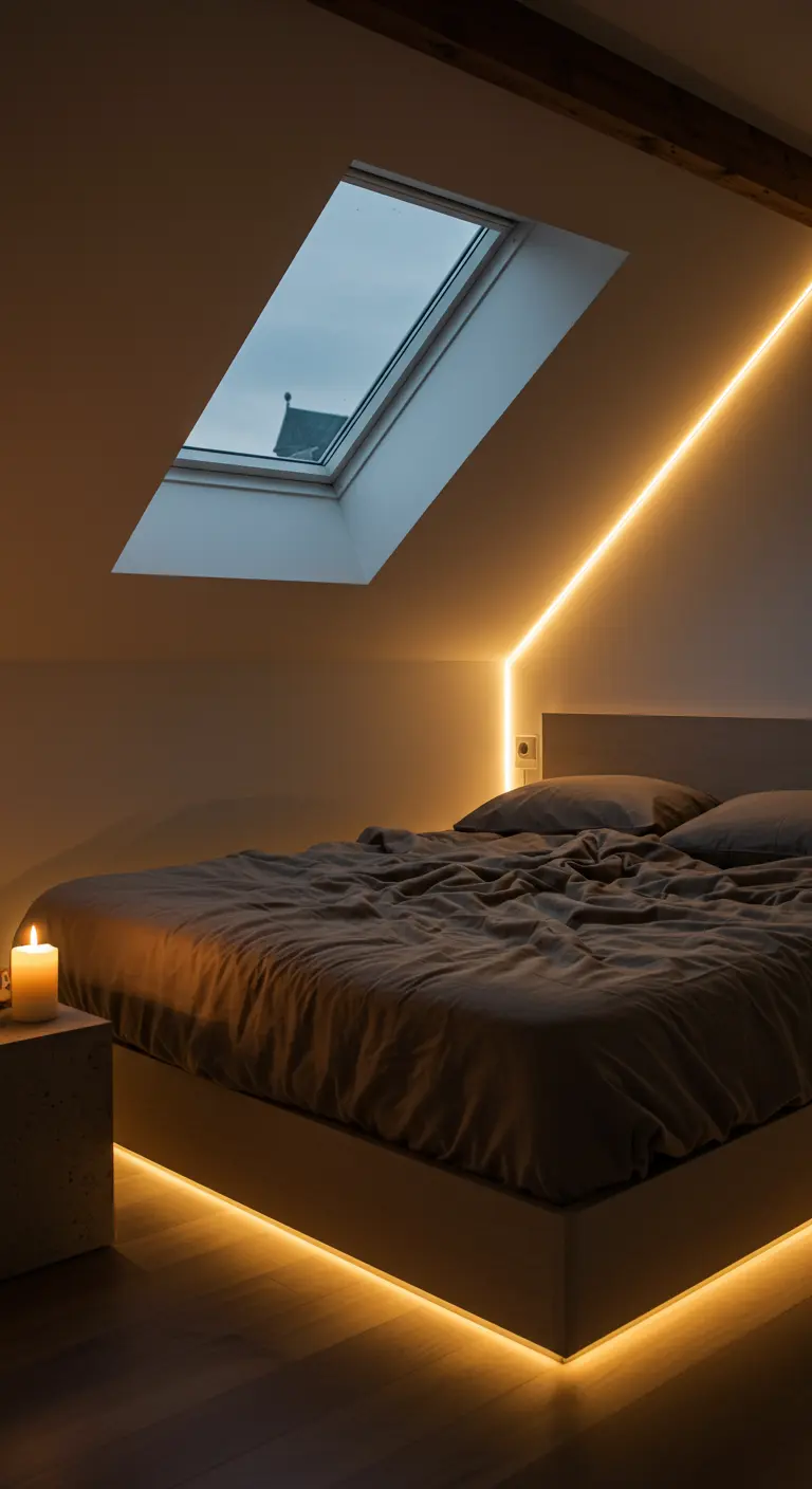 Loft bedroom with warm LED strip lighting behind the bed and along the ceiling.