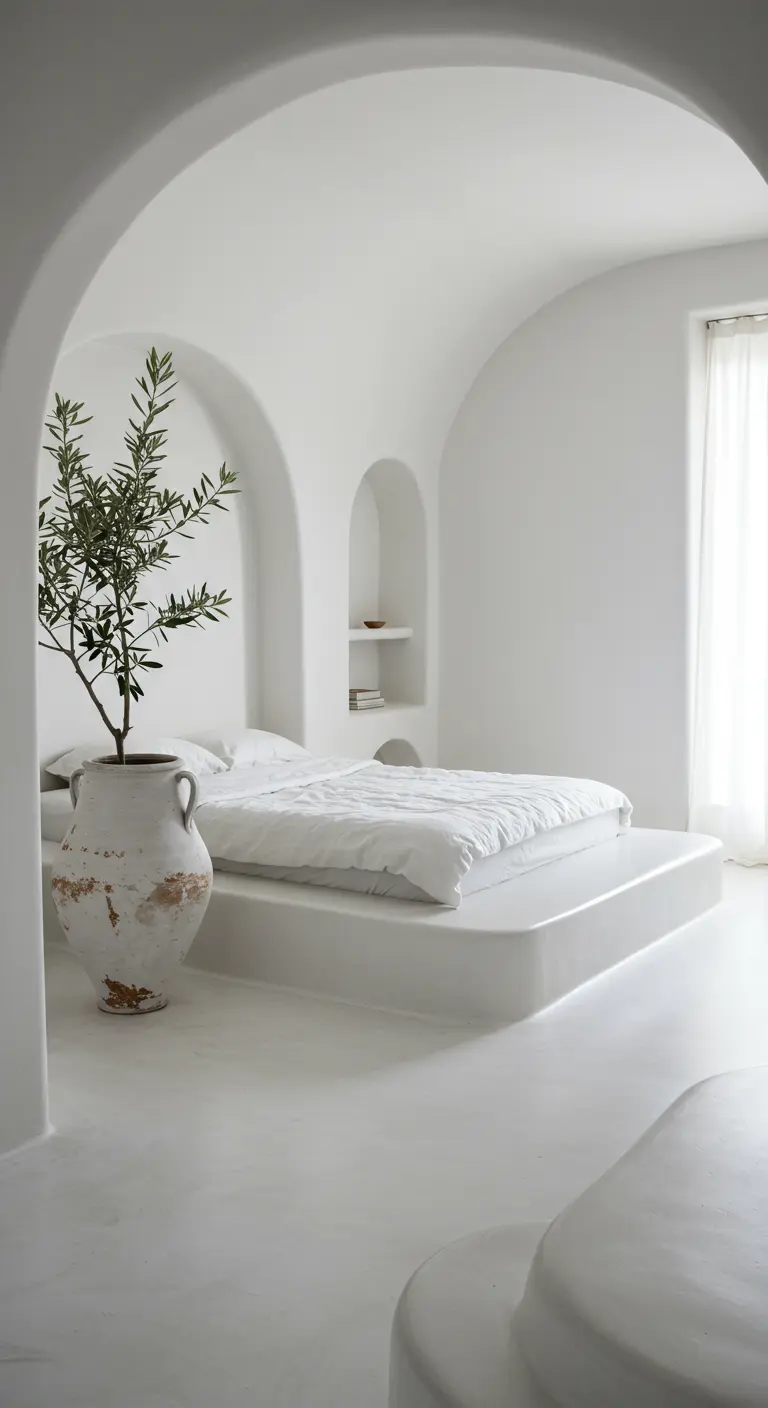 A minimalist, all-white bedroom with a built-in plaster bed platform and arched niches.