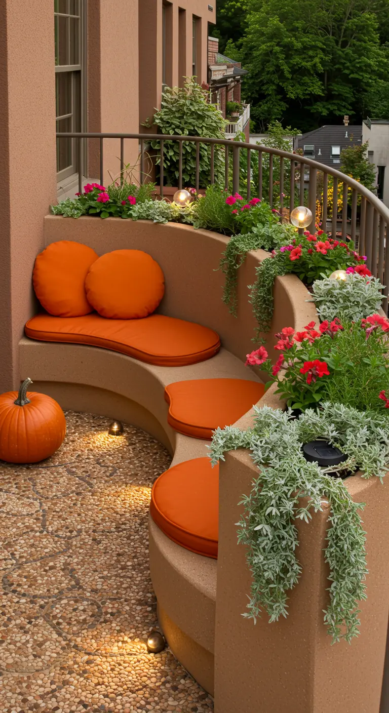 A curved, sand-colored bench with round orange cushions and trailing plants.