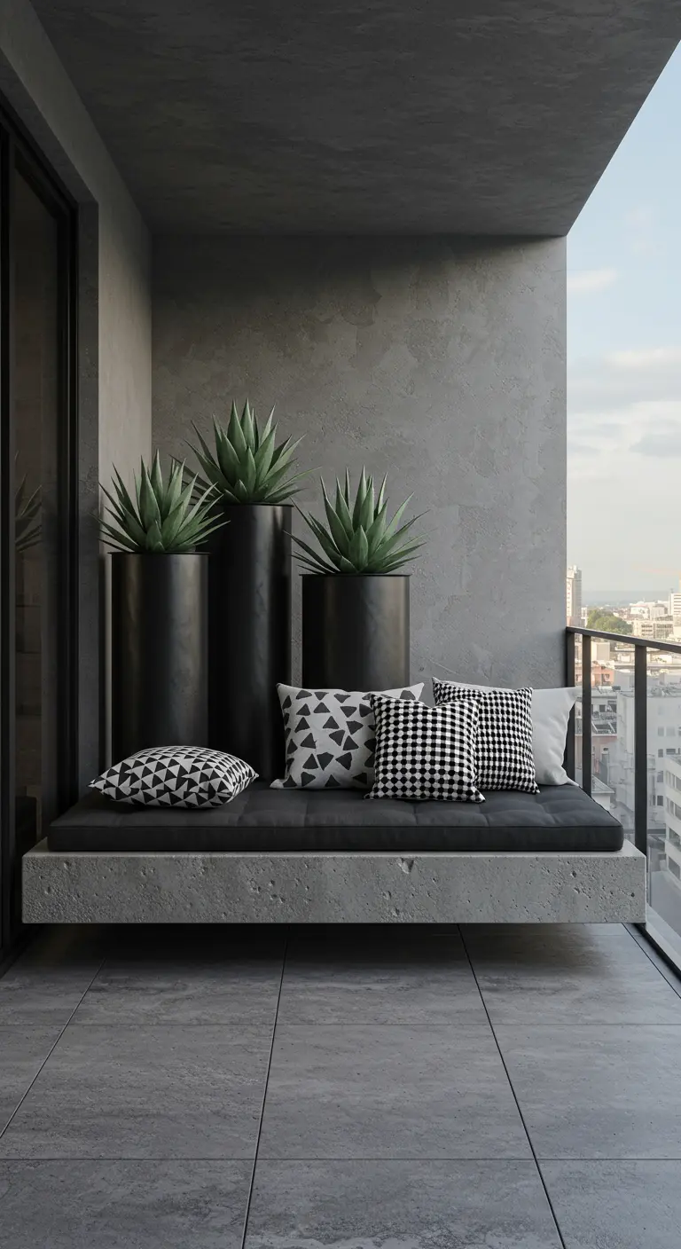 Minimalist concrete balcony with a floating bench and agave plants.